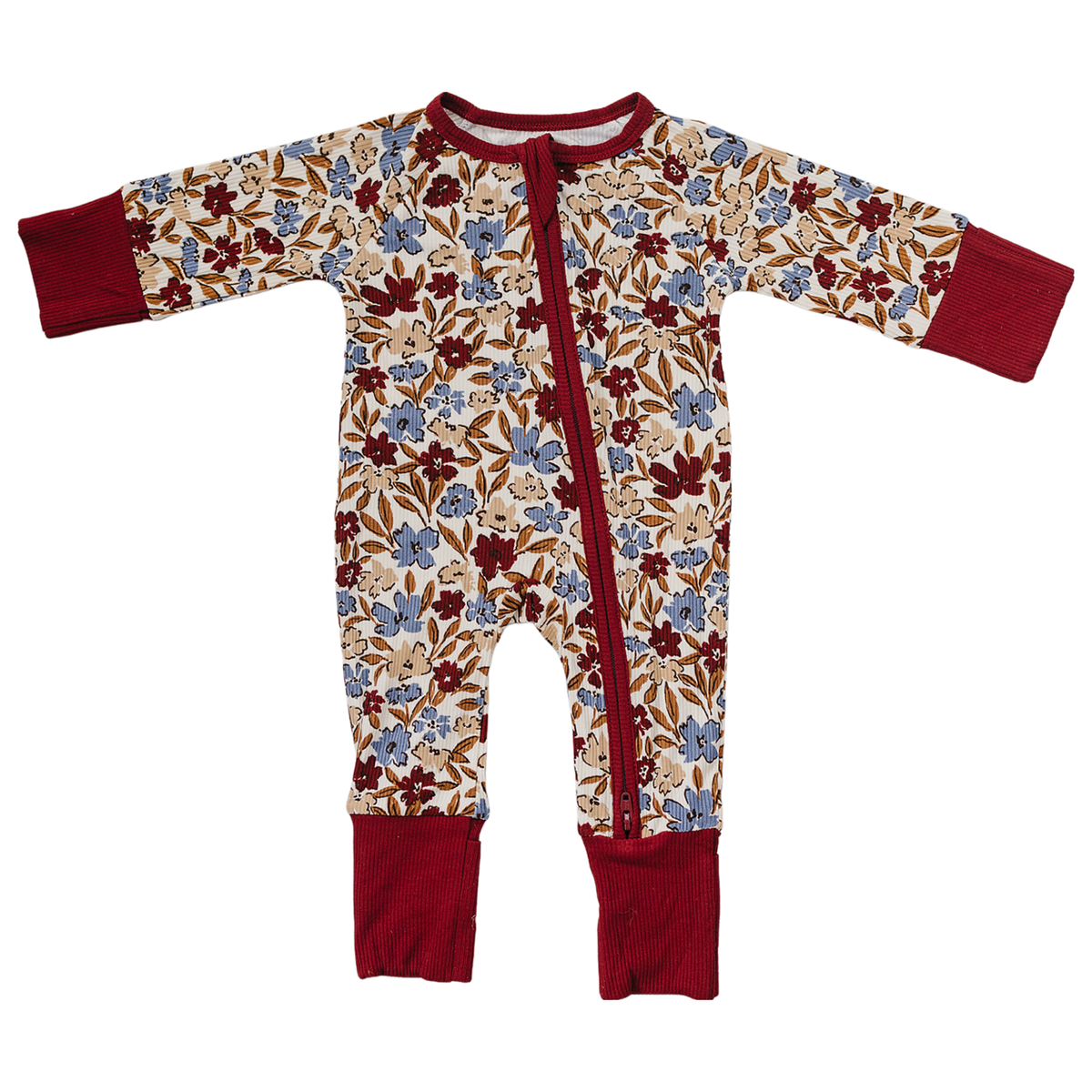 Ribbed bamboo baby romper in desert floral print with fold-over hand and foot cuffs and double zipper