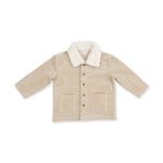 Corduroy baby jacket in Peyote with plush sherpa collar, brass cap snaps, and two front pockets.