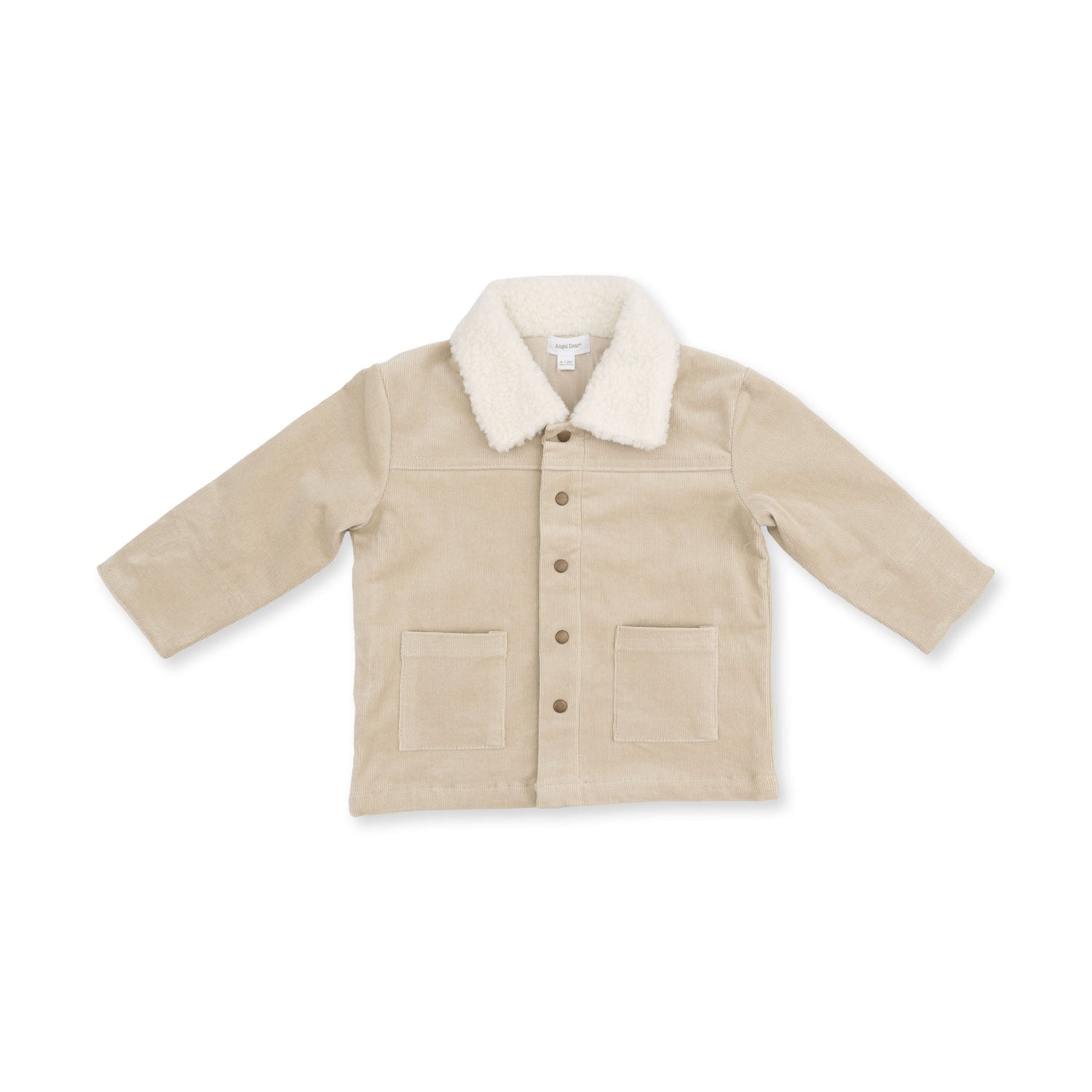 Corduroy baby jacket in Peyote with plush sherpa collar, brass cap snaps, and two front pockets.