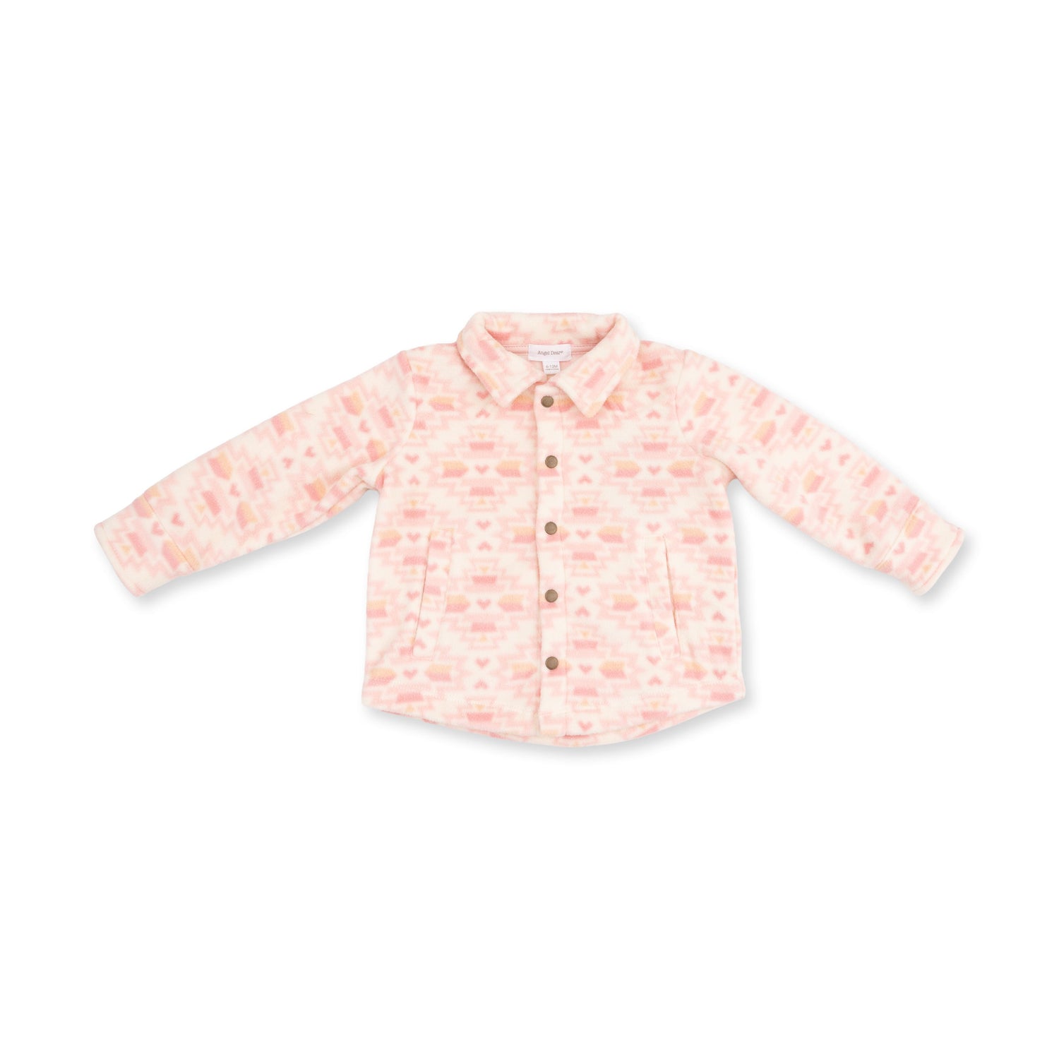 Pink baby shacket in micro fleece with Southwestern geometric print, brass snap front, and side pockets.