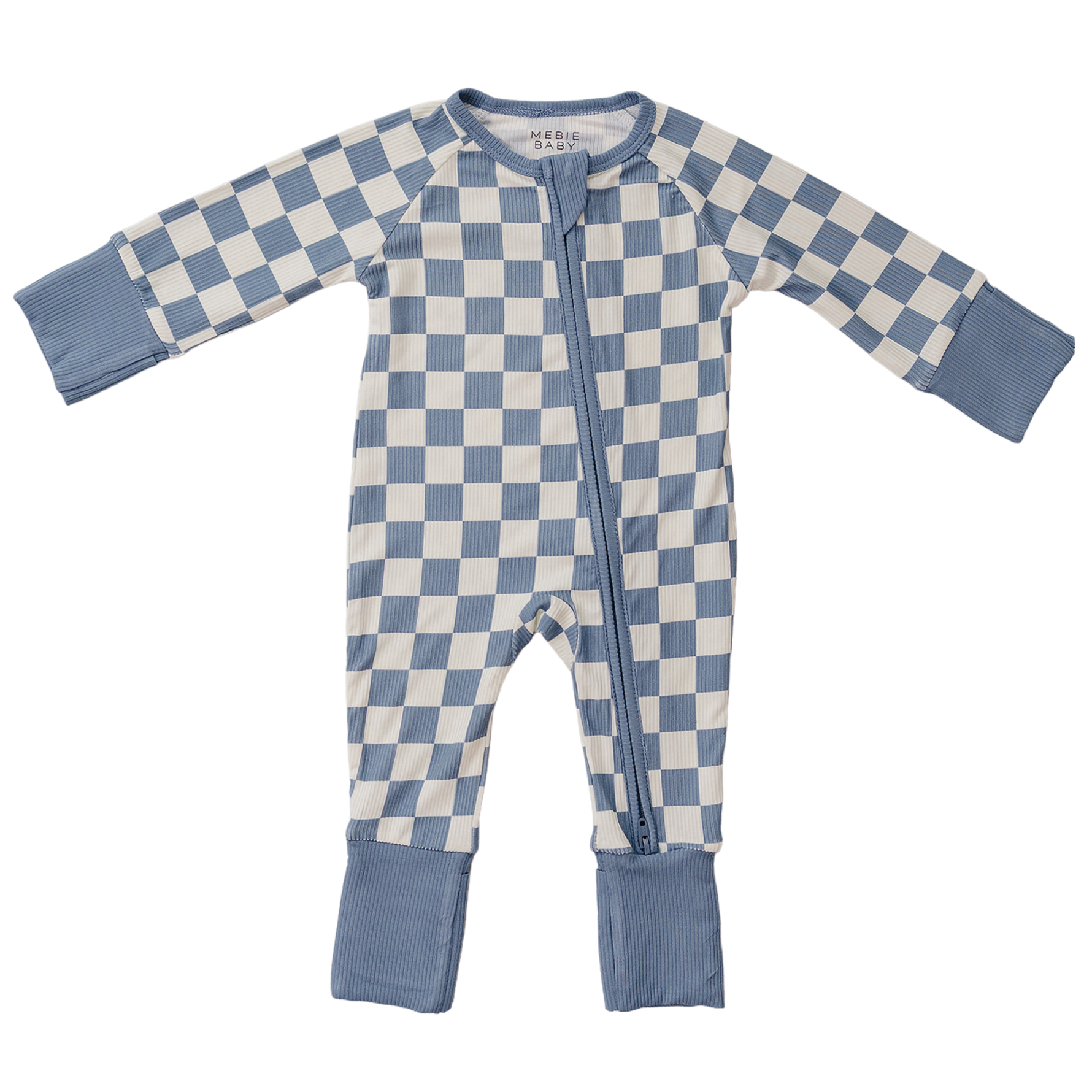 Footed zipper romper in blue checkered bamboo ribbed fabric with double zipper and foot cuffs