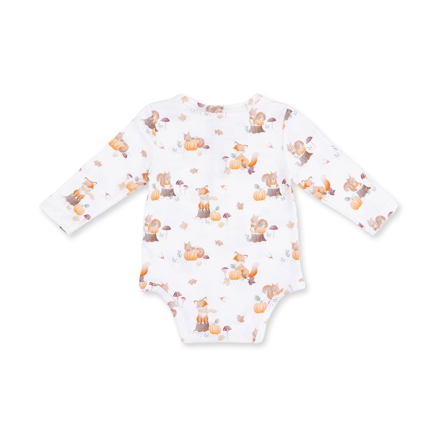Long-sleeve henley bodysuit with a woodland animals and pumpkins print and snap neckline