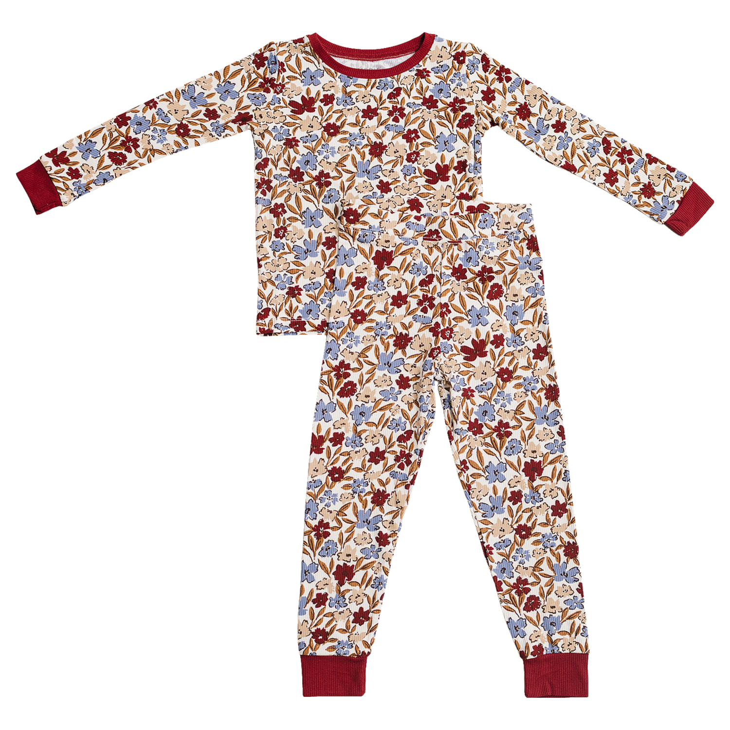 Ribbed bamboo two-piece set with long-sleeved top and pants in desert floral pattern