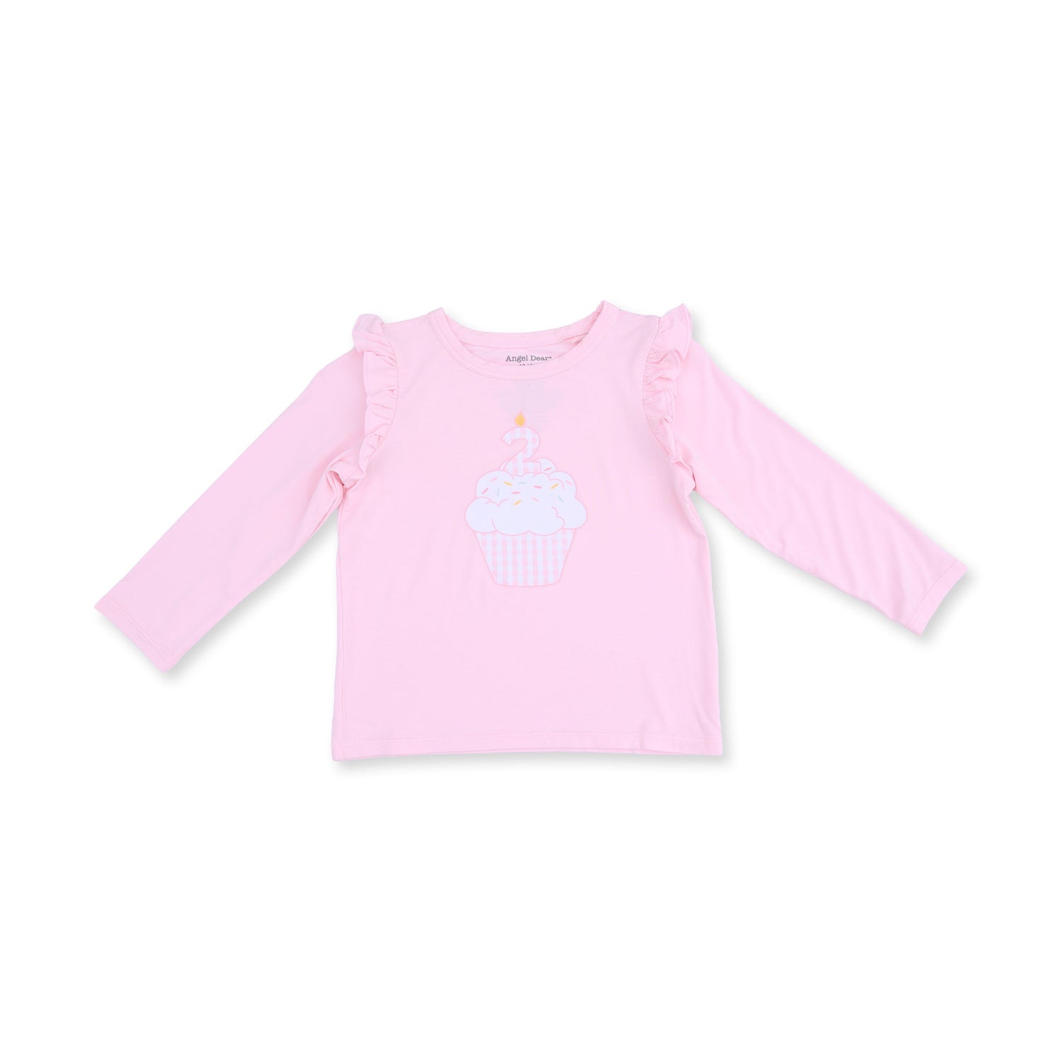 Long sleeve ruffle shirt with a screenprinted birthday cupcake and a "2" candle, ruffle detailing on the shoulders