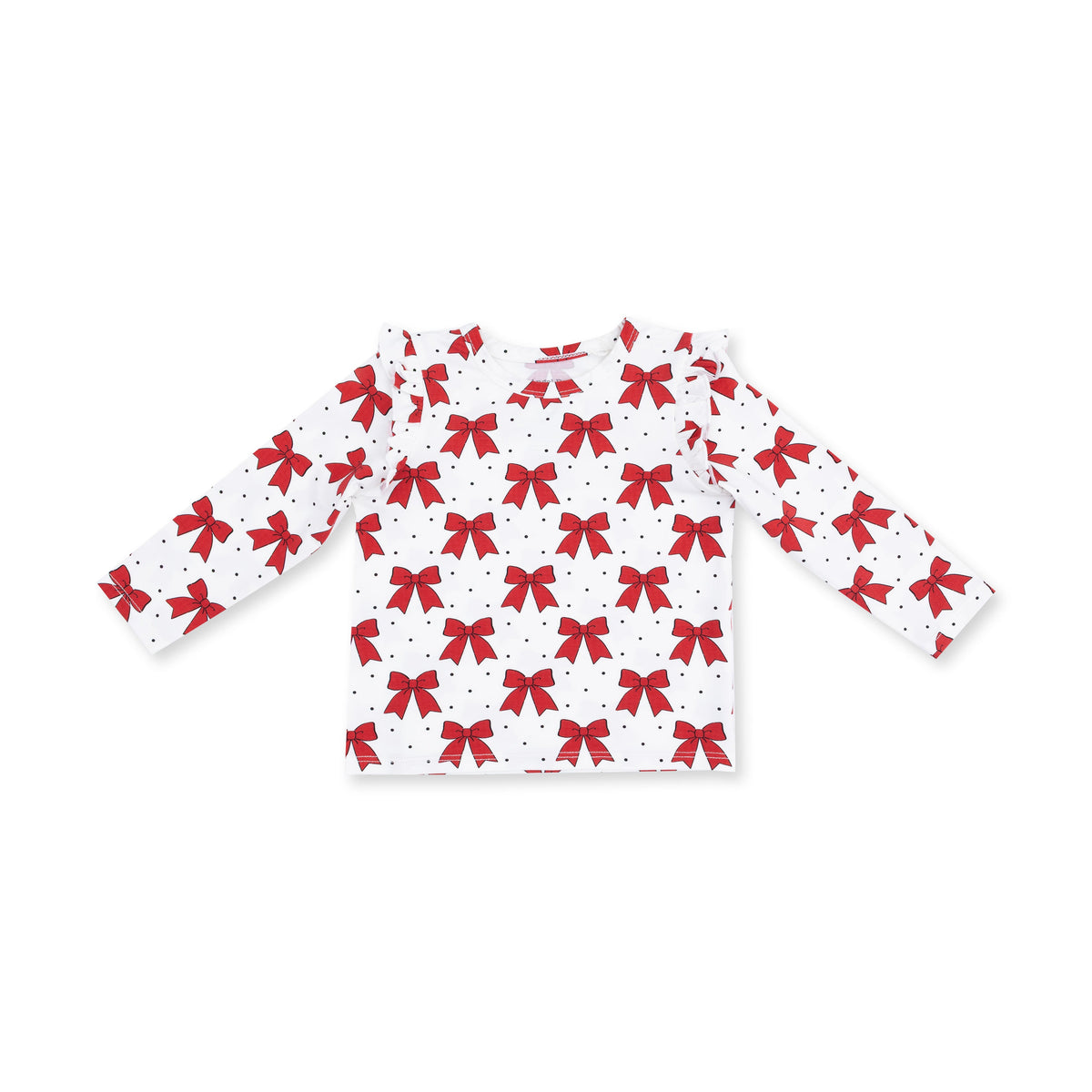 Baby long sleeve tee with festive bow print and ruffle detail at the shoulders