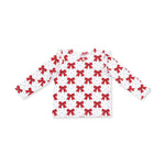 Baby long sleeve tee with festive bow print and ruffle detail at the shoulders