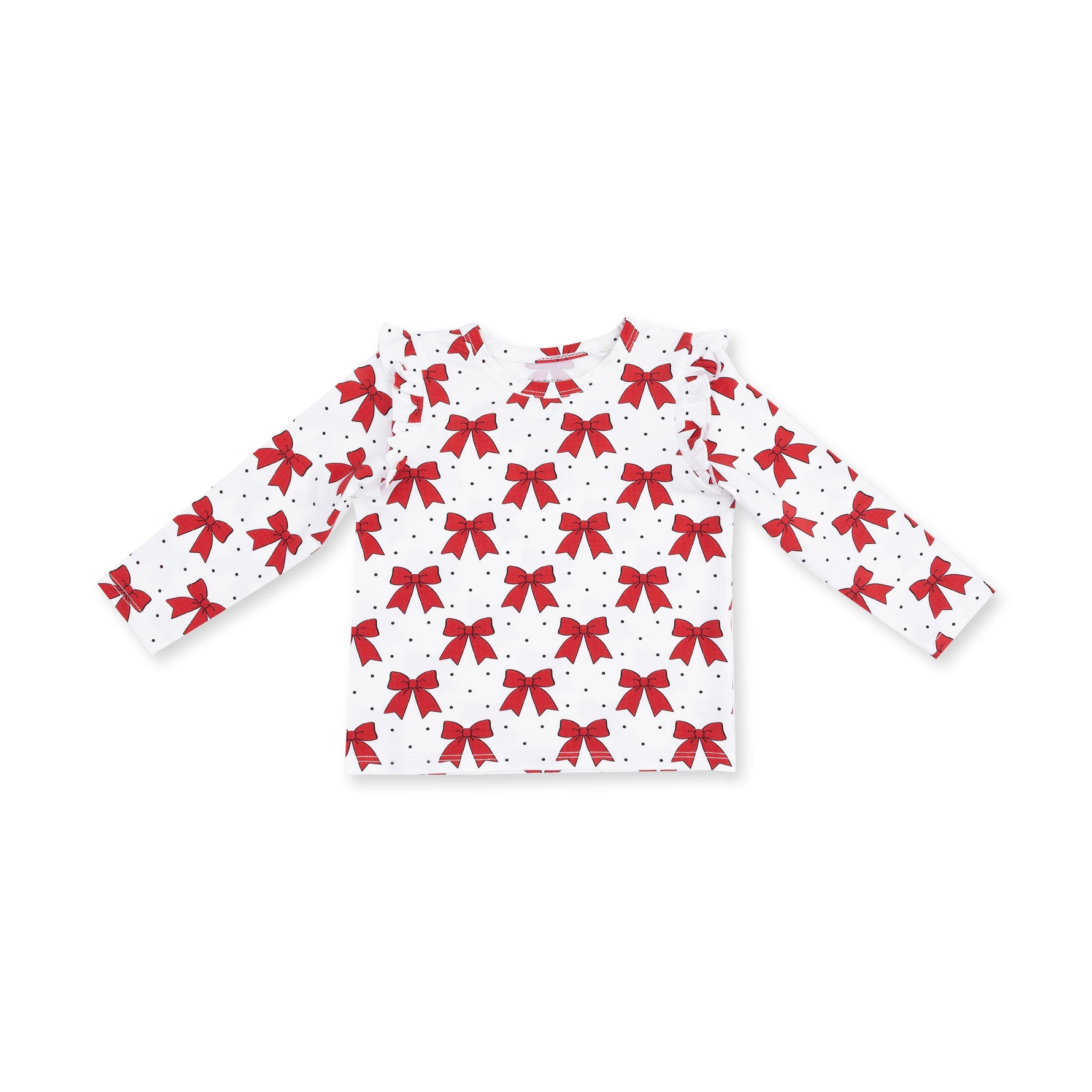 Baby long sleeve tee with festive bow print and ruffle detail at the shoulders