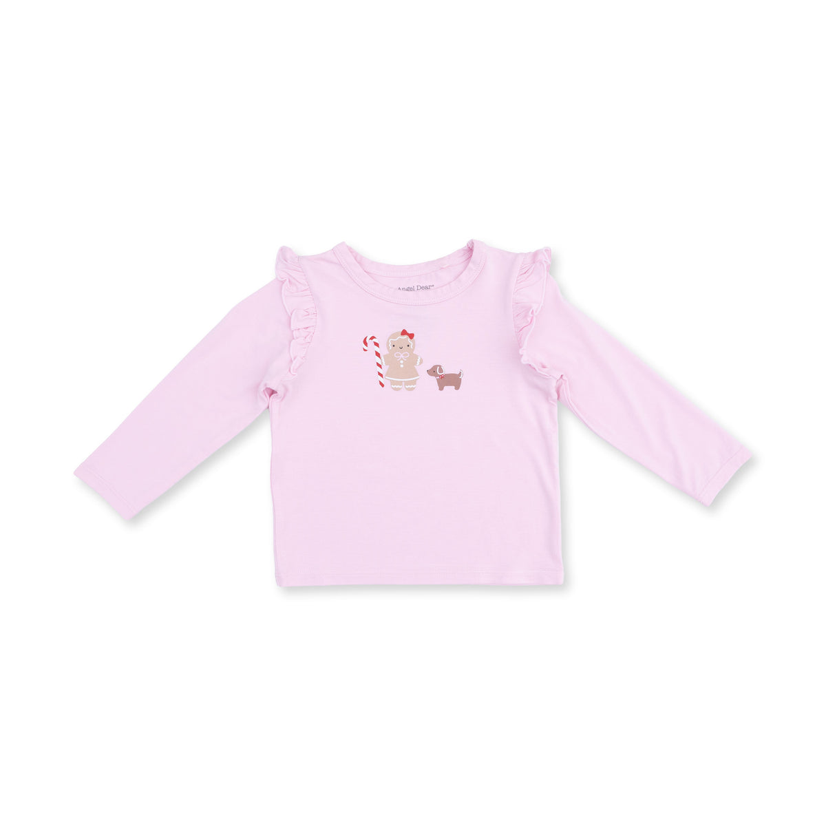 Long sleeve baby tee with ruffle shoulder detail and gingerbread girl and dog puff screenprint