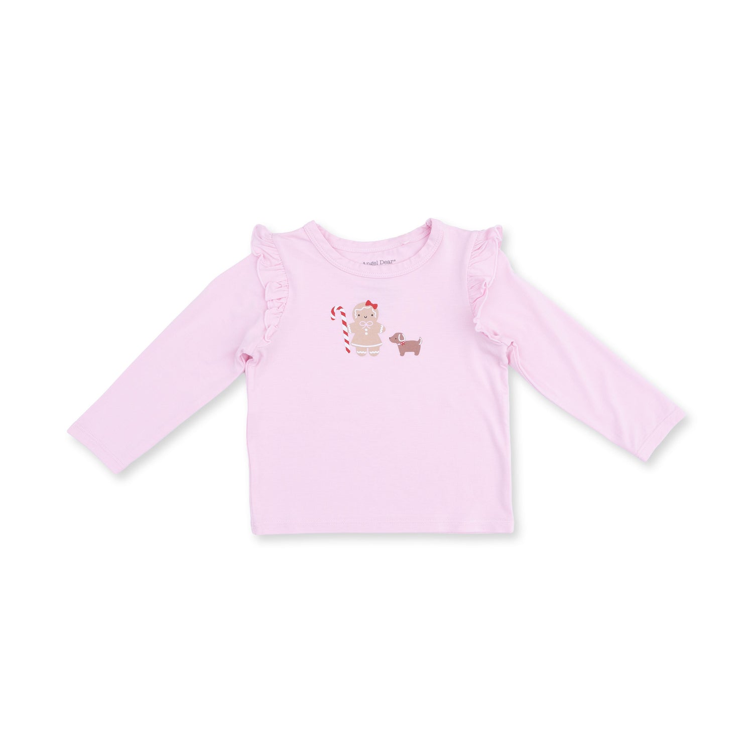 Long sleeve baby tee with ruffle shoulder detail and gingerbread girl and dog puff screenprint