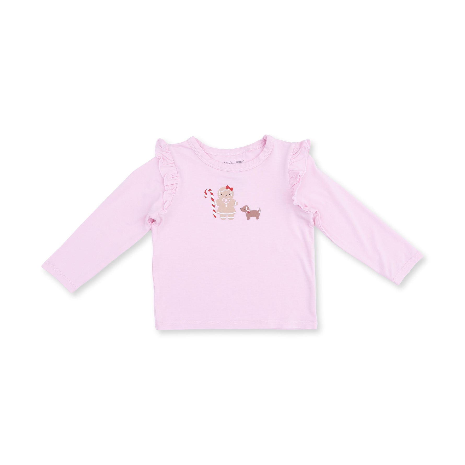 Long sleeve baby tee with ruffle shoulder detail and gingerbread girl and dog puff screenprint