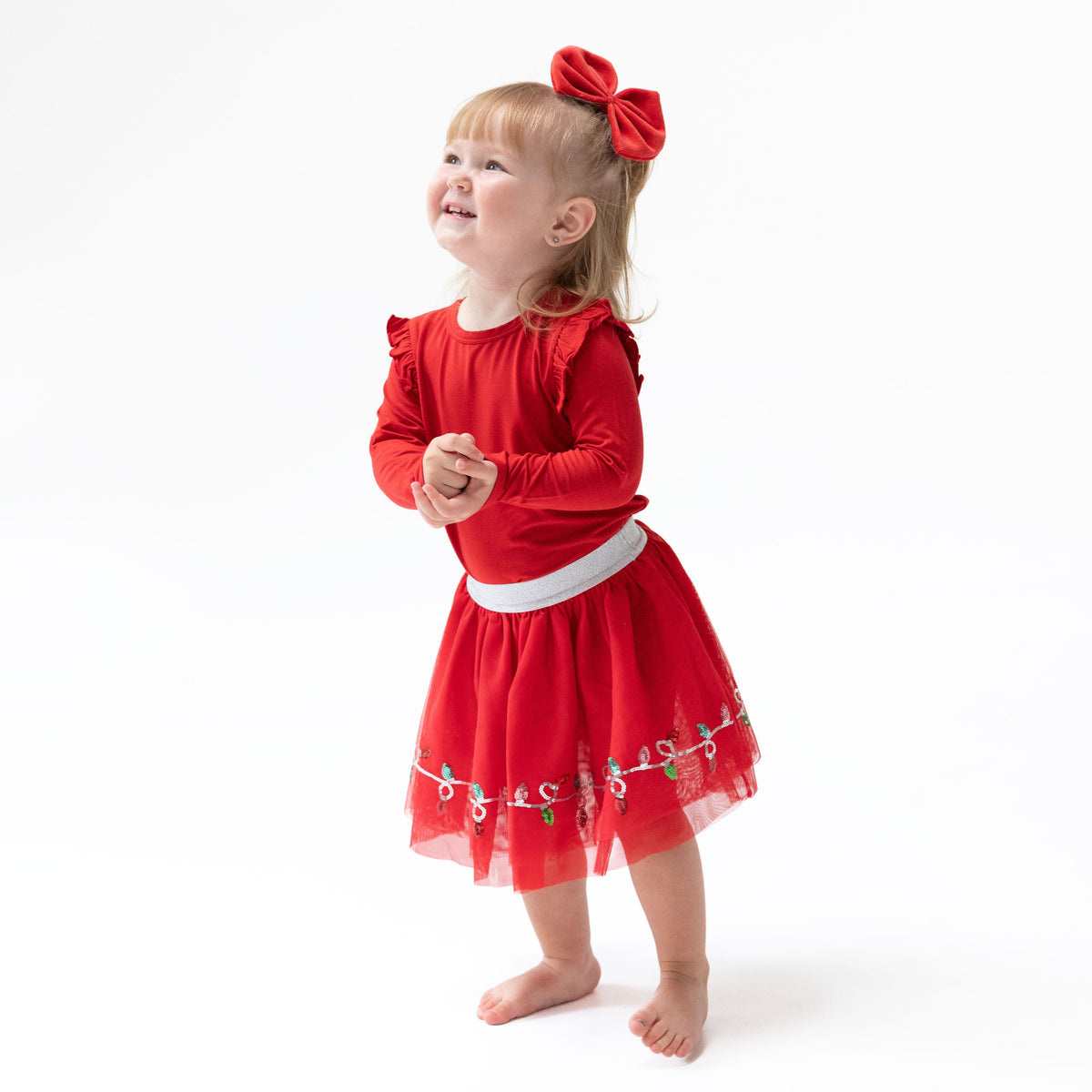 Tutu skirt with tulle overlay, sequin Christmas lights appliques, sparkle waistband and attached bike shorts