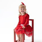 Baby long sleeve tee in solid haute red with ruffle detail at the shoulders