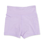 Lilac fitted bike shorts for babies with high-rise waist and side pockets