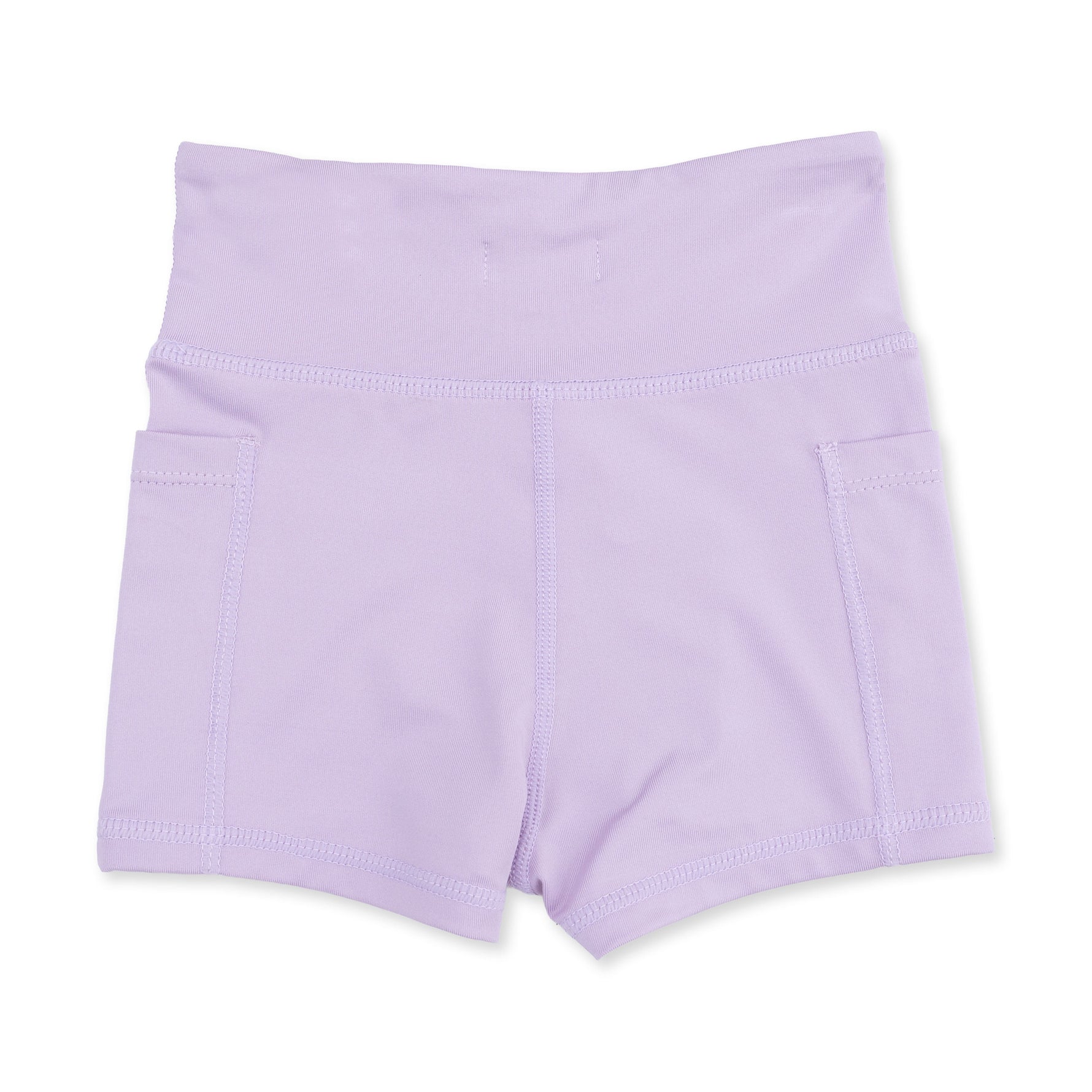 Lilac fitted bike shorts for babies with high-rise waist and side pockets