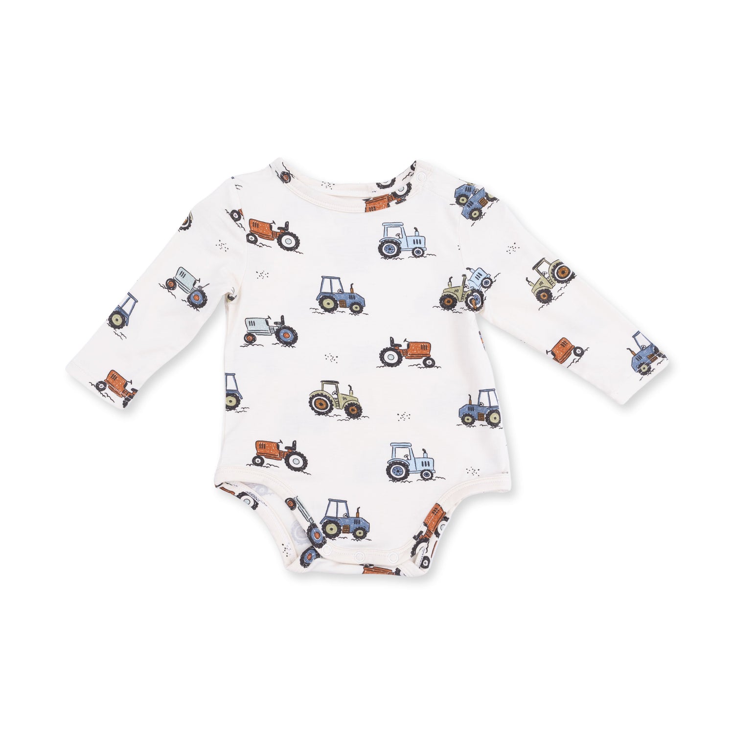 Long sleeve baby bodysuit in a Future Farmer print with snap shoulder and snap crotch closure