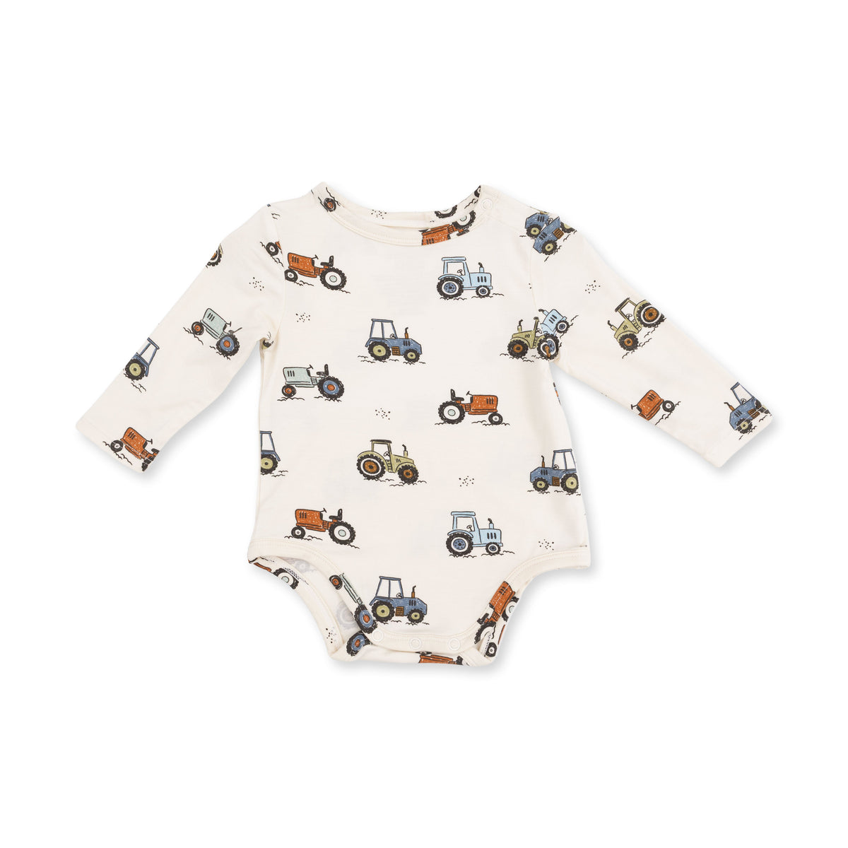 Long sleeve baby bodysuit with a farm-inspired Future Farmer print, snap shoulder and snap crotch