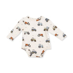 Long sleeve baby bodysuit with a farm-inspired Future Farmer print, snap shoulder and snap crotch