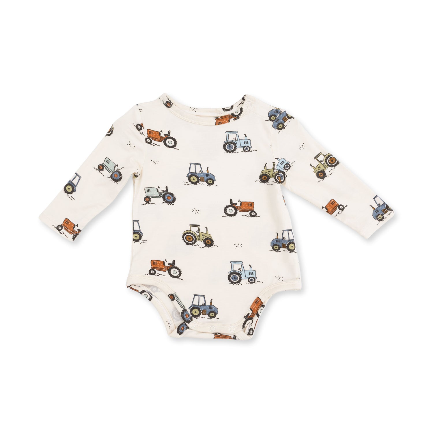 Long sleeve baby bodysuit with a farm-inspired Future Farmer print, snap shoulder and snap crotch