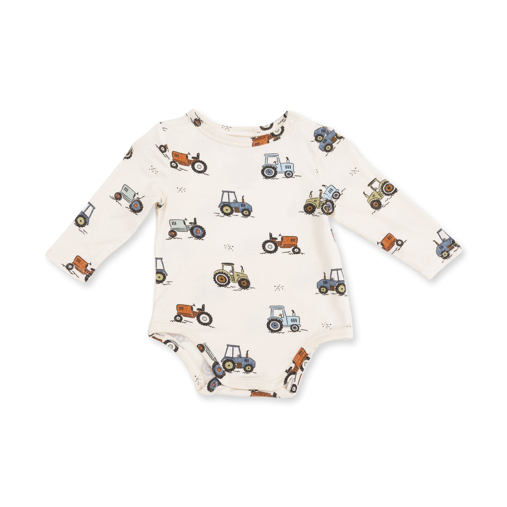Long sleeve baby bodysuit with a farm-inspired Future Farmer print, snap shoulder and snap crotch