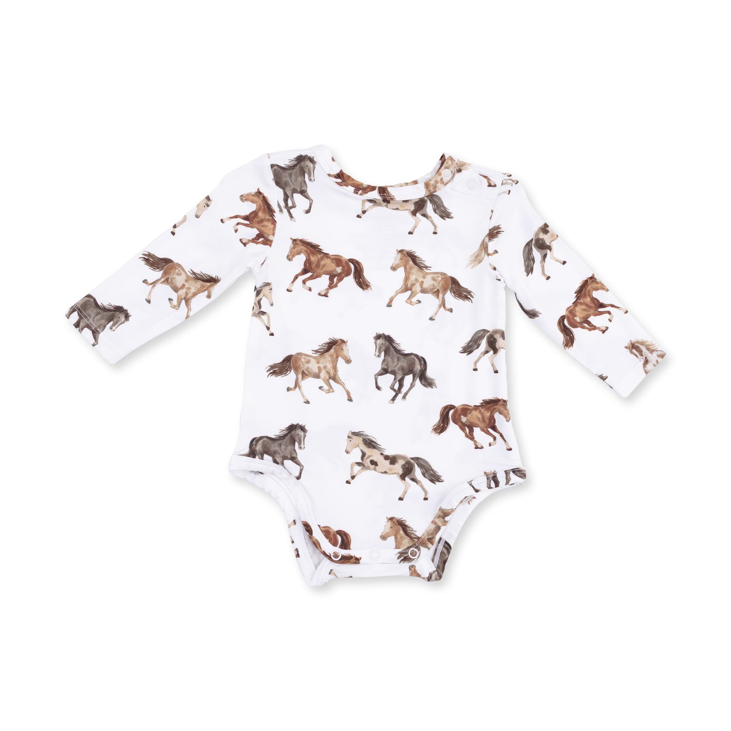 Long sleeve baby bodysuit with a wild horses print, snap shoulders, and snap crotch closure