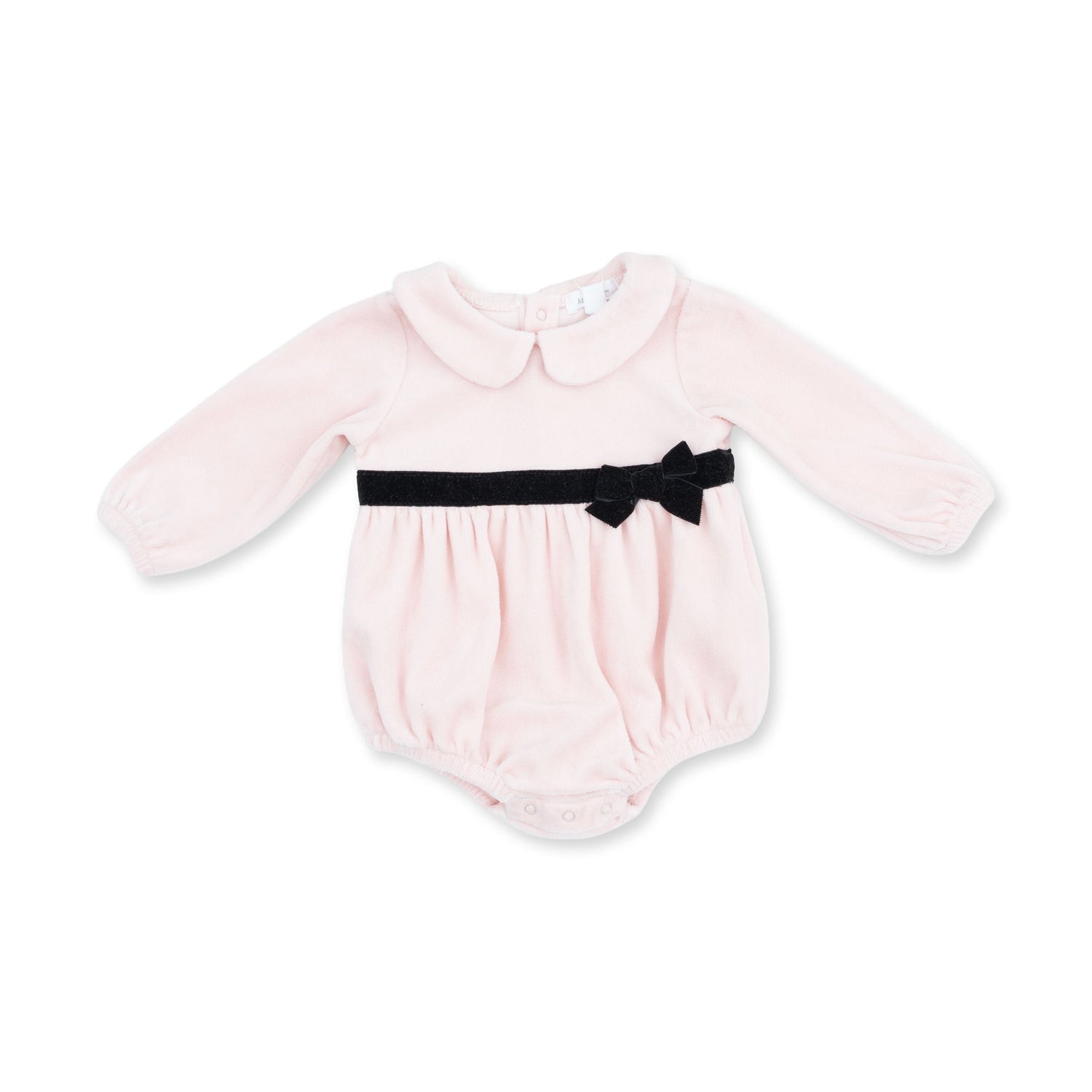 Soft pink velour baby bubble romper with white Peter Pan collar and velvet ribbon bow accent