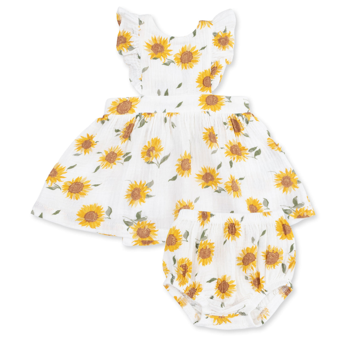 Baby pinafore dress with sunflower print and ruffle criss-cross straps, shown with matching bloomer