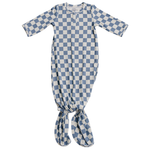 Ribbed bamboo knot gown for newborns with fold-over hands, shoulder flaps, and knotted bottom