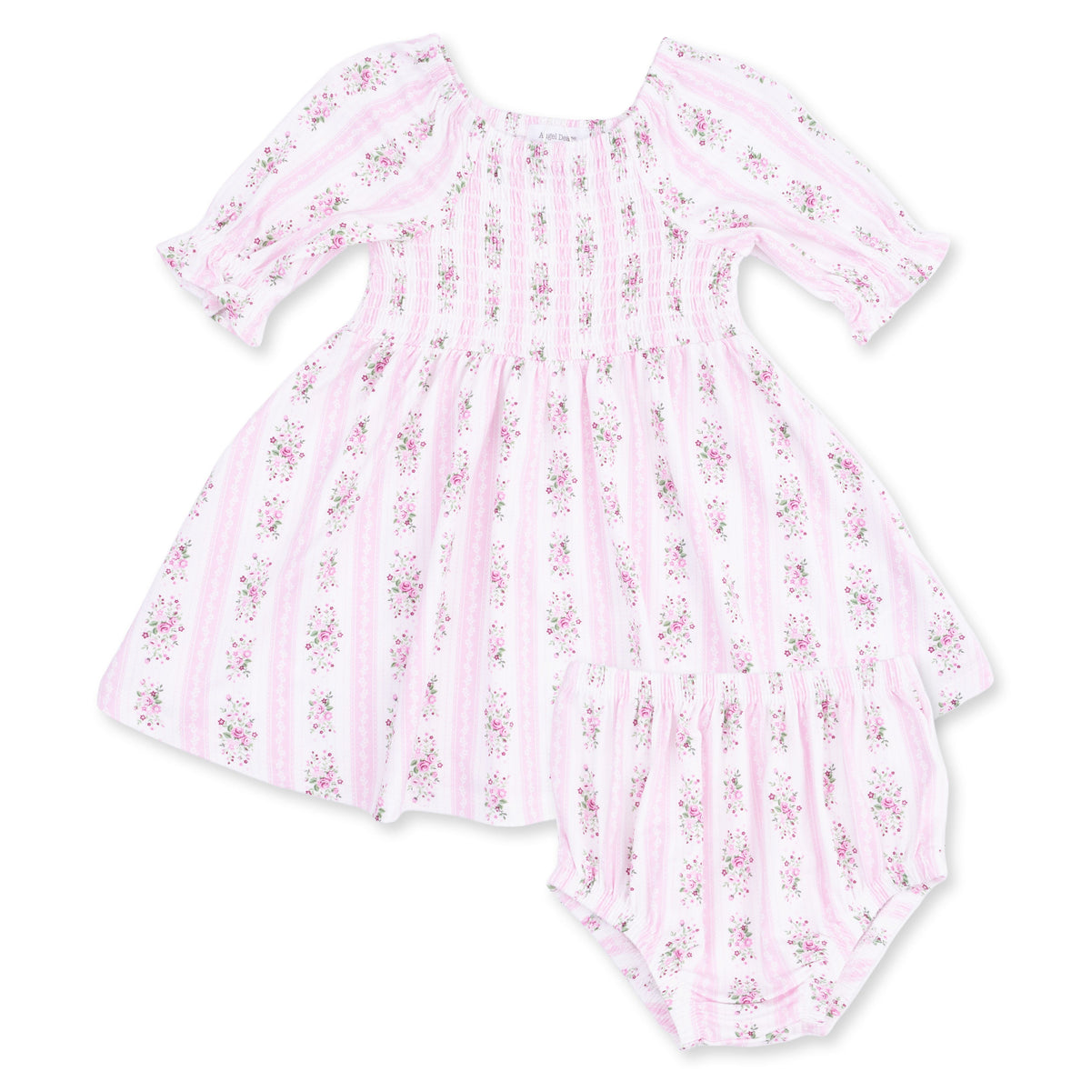 Baby dress in Bella Rose stripe print with smocked bodice and ruffled elastic wrists, shown with matching bloomer