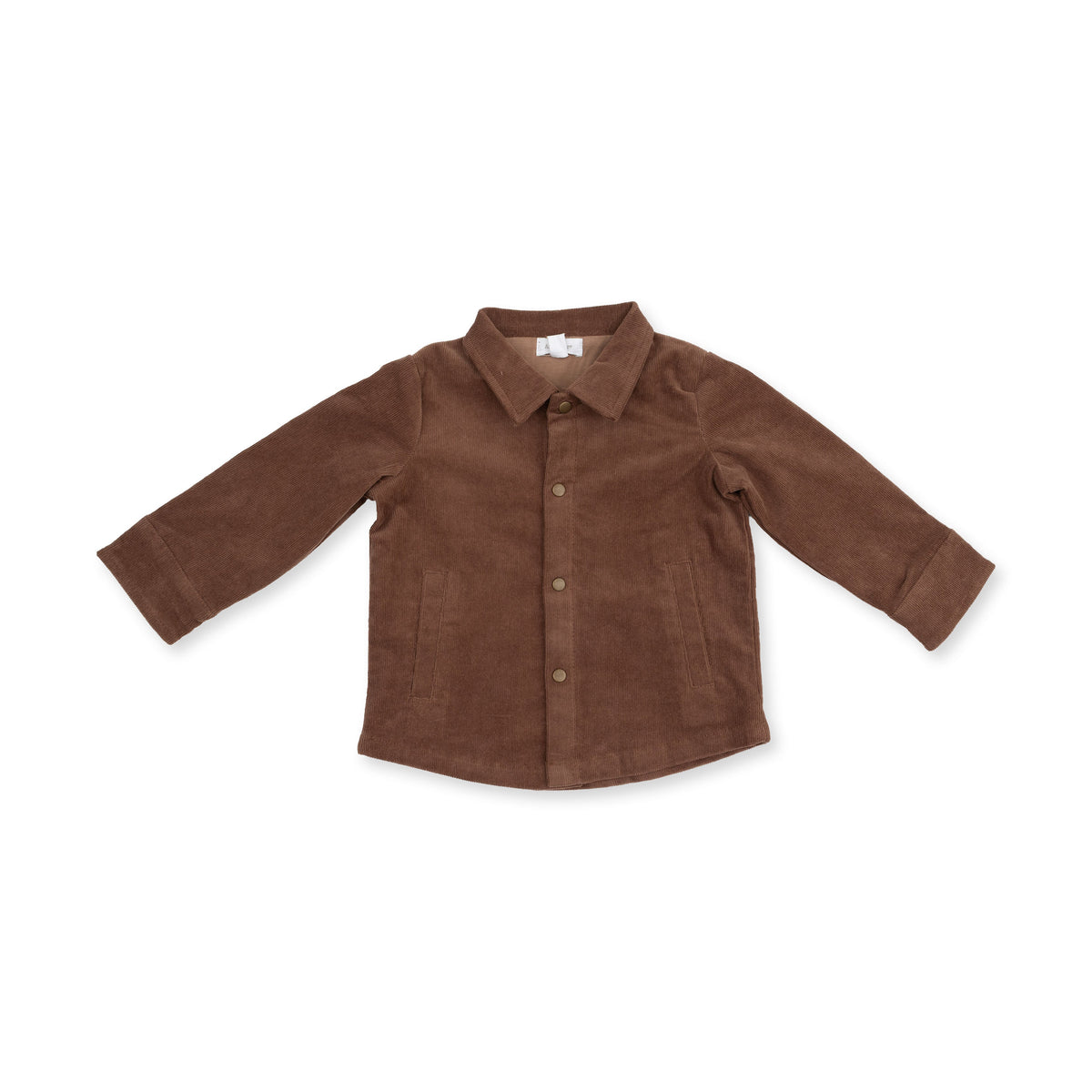 Baby corduroy shacket in beaver-brown with ribbed texture and brass cap snap closure