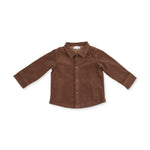 Baby corduroy shacket in beaver-brown with ribbed texture and brass cap snap closure