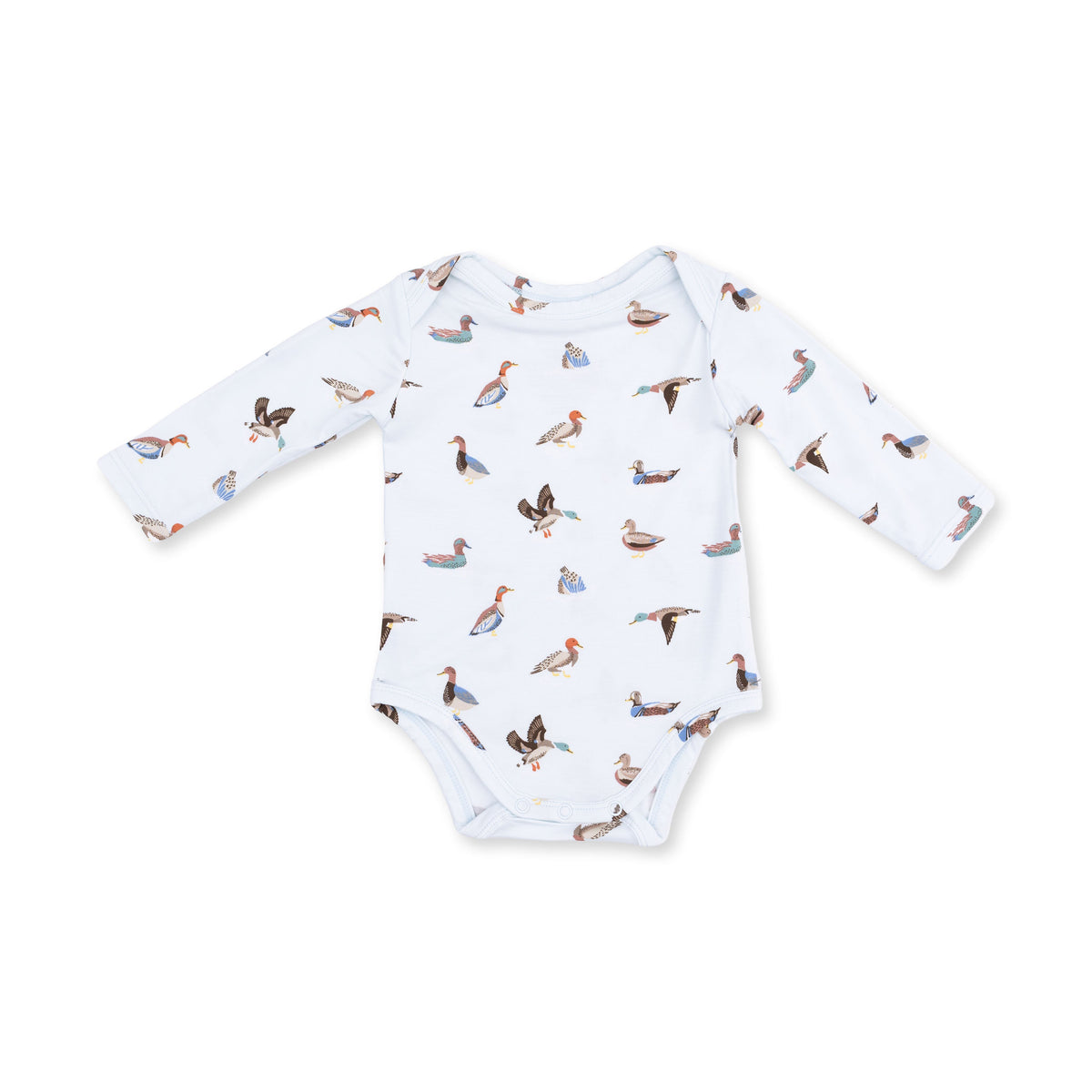 Long sleeve baby bodysuit with American ducks print and snap closures at the bottom