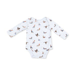 Long sleeve baby bodysuit with American ducks print and snap closures at the bottom