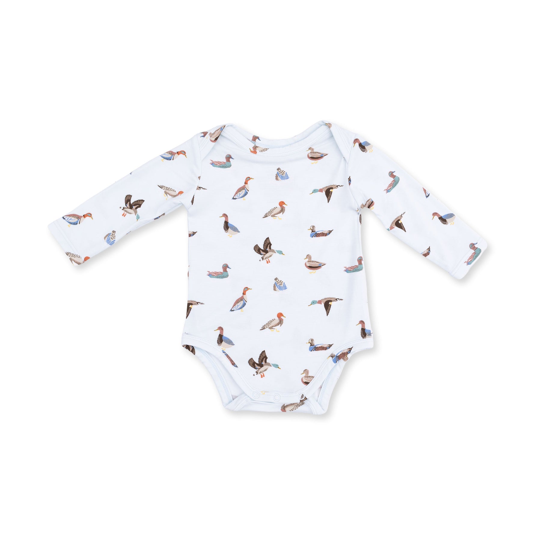 Long sleeve baby bodysuit with American ducks print and snap closures at the bottom