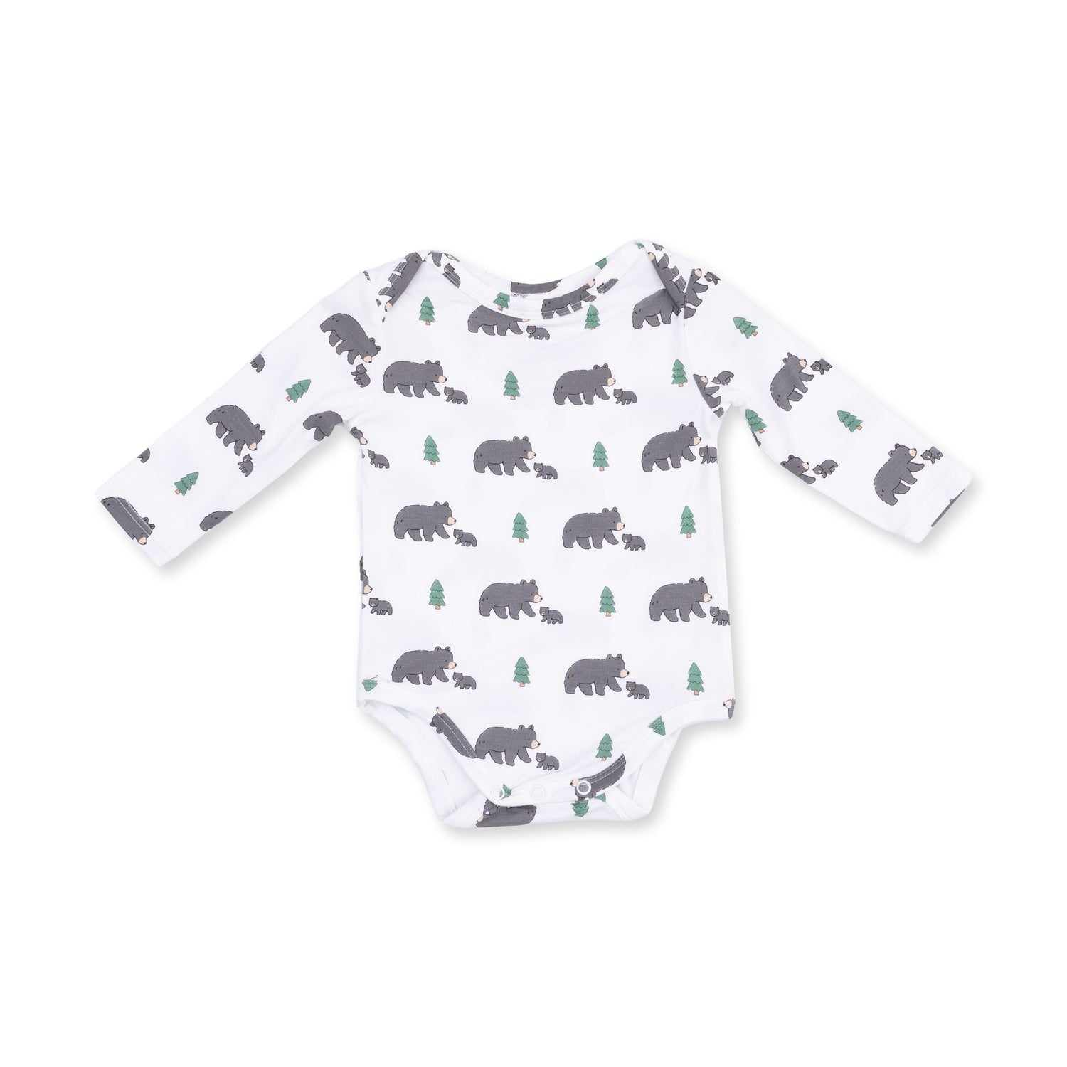 Long sleeve baby bodysuit with an all-over black bear print and snap closures at the bottom