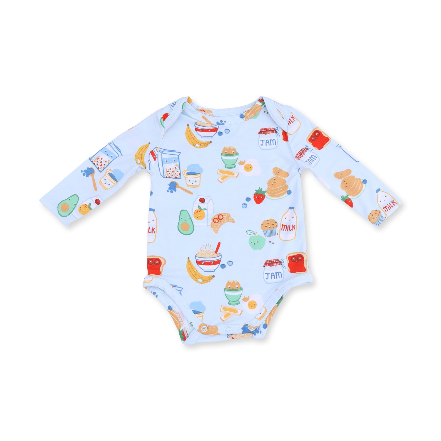 Long sleeve baby bodysuit in a blue breakfast-themed print with snap closures at the bottom