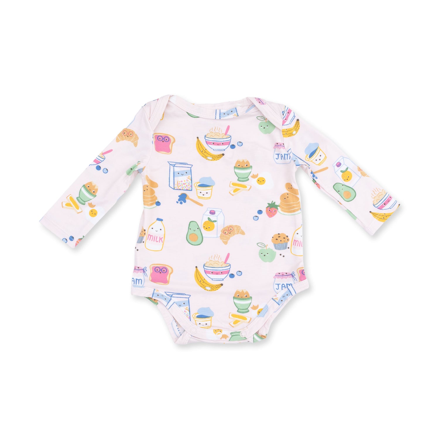 Long sleeve baby bodysuit in pink with a breakfast-themed print and snap closures at the bottom