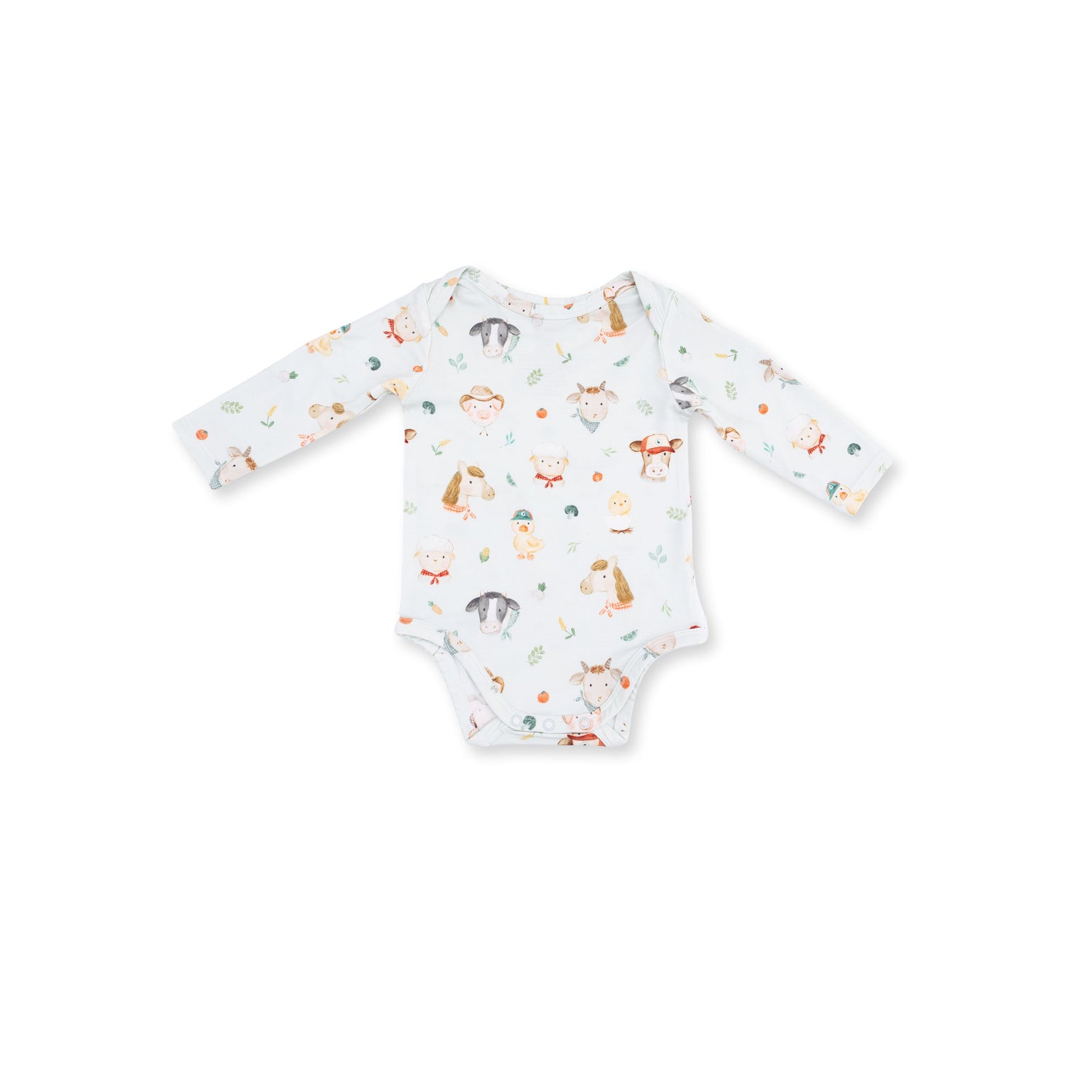 Long-sleeve baby bodysuit printed with farm animal faces and snap closures at the bottom