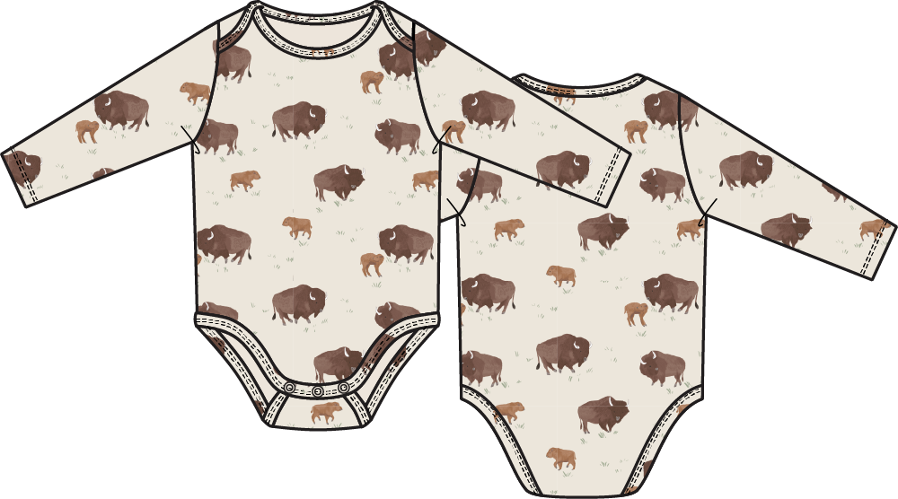 Long sleeve baby bodysuit in an American buffalo print with snap closures at the bottom.