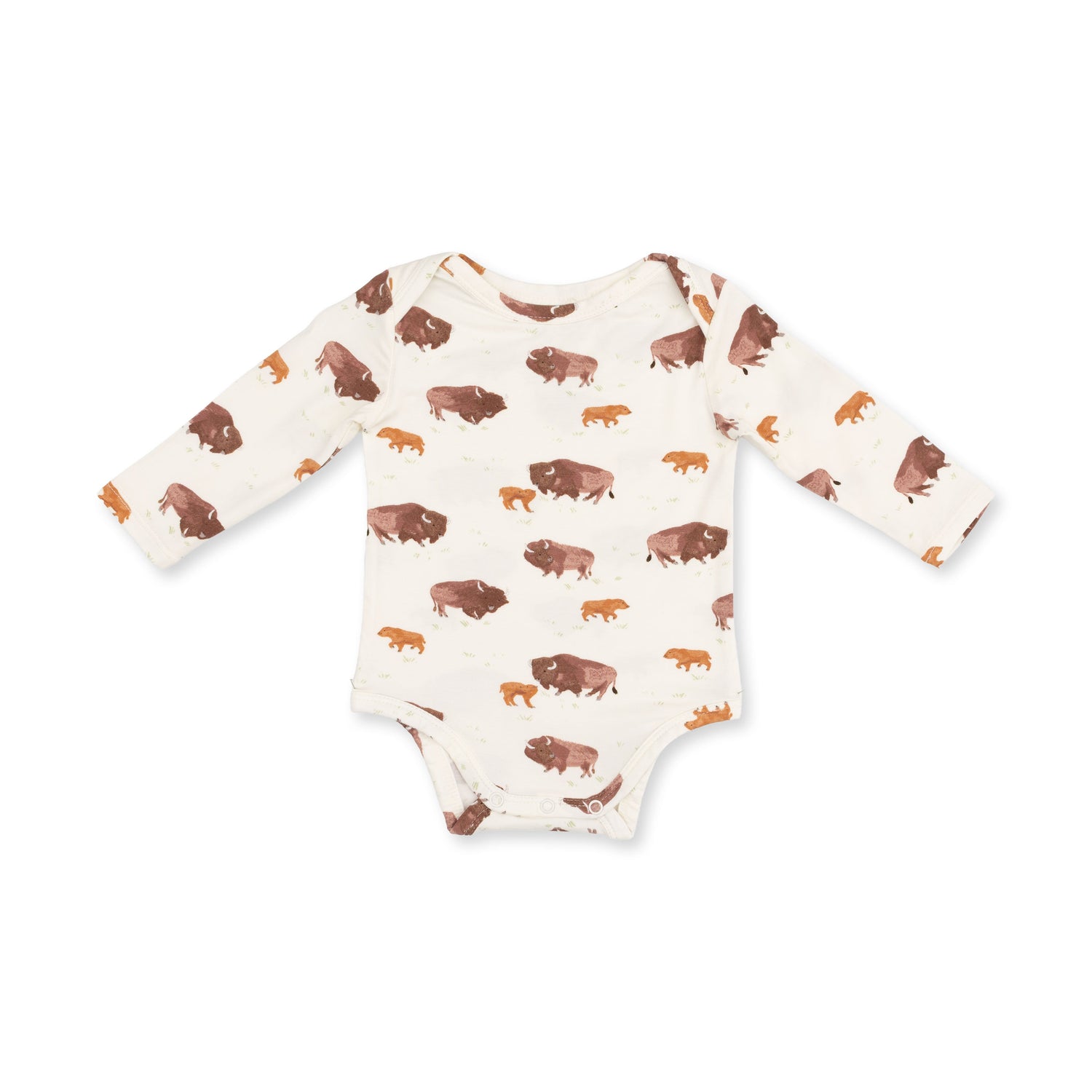 Long sleeve baby bodysuit in an American buffalo print with snap closures at the bottom.