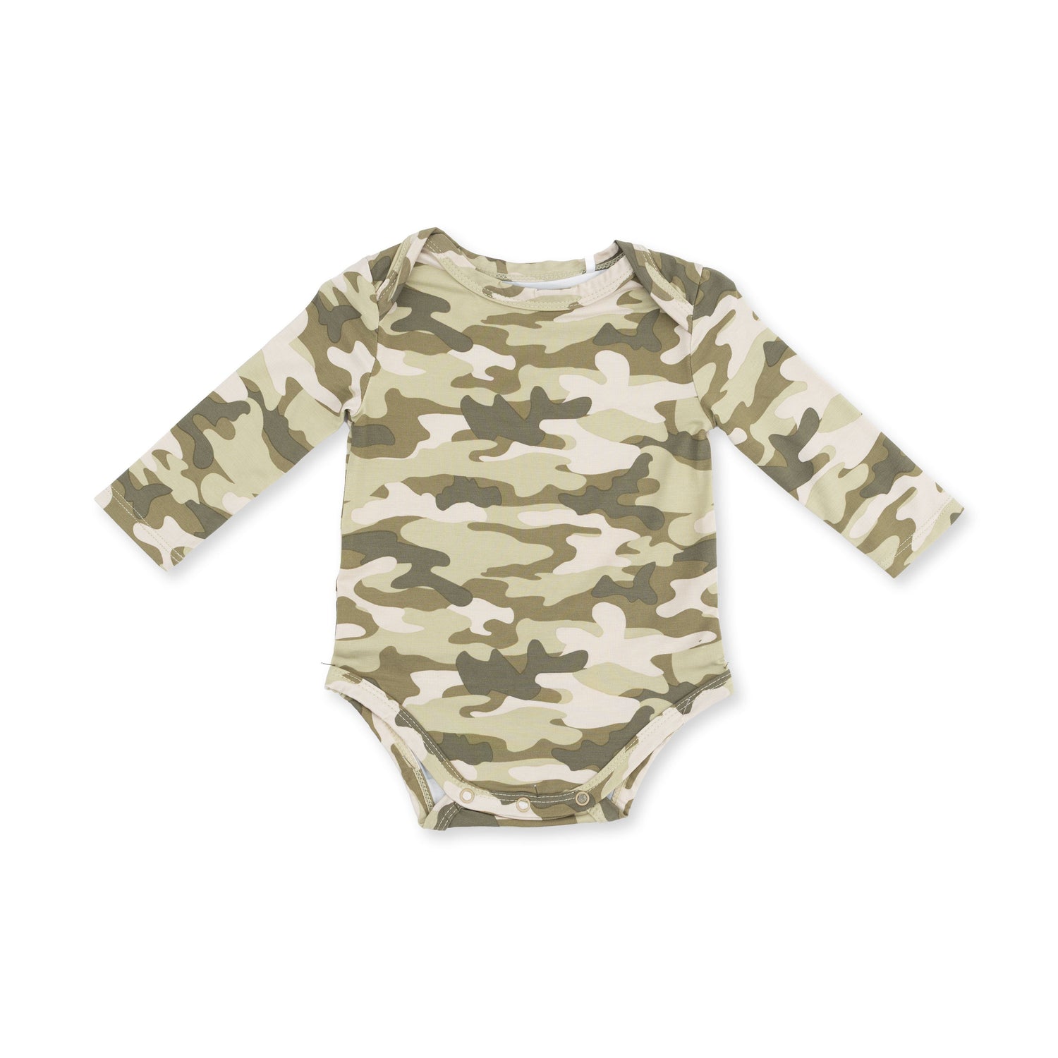 Long sleeve baby bodysuit in green and tan camo print with snap closures at the bottom