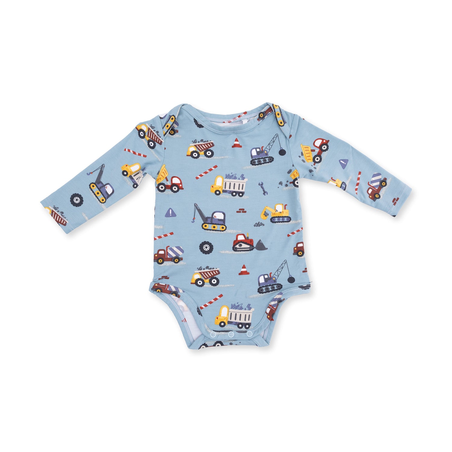 Long sleeve baby bodysuit with a colorful crayon-drawn construction truck print and snap closures at the bottom