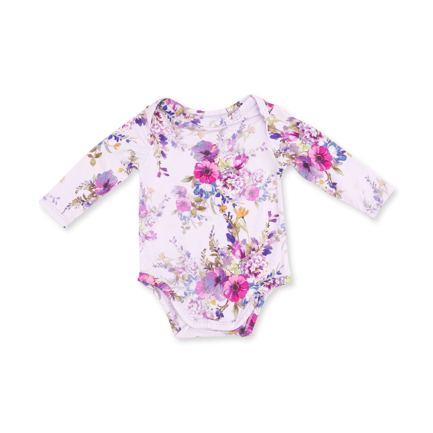 Long sleeve baby bodysuit in a dahlia floral print with snap closures at the bottom