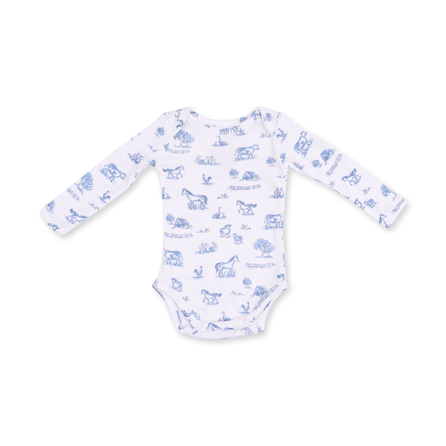 Long sleeve baby bodysuit in a farm friends print with snap closures at the bottom.