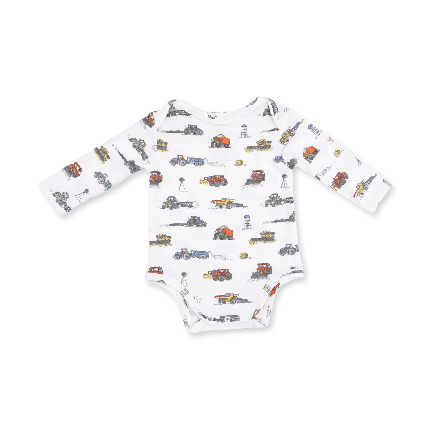 Long sleeve baby bodysuit in a Farm Machines print featuring tractors and farm trucks, with snap closures at the bottom.