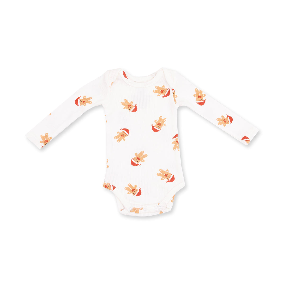 Long sleeve baby bodysuit with an allover gingerbread man print and snap closures at the bottom