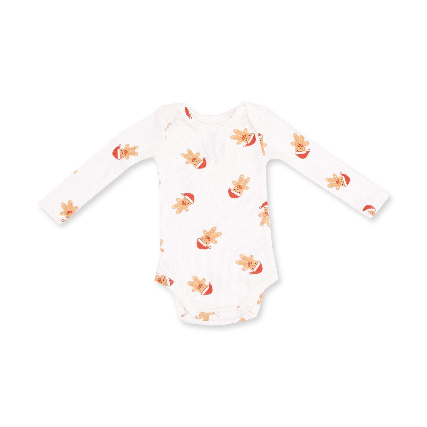 Long sleeve baby bodysuit with an allover gingerbread man print and snap closures at the bottom