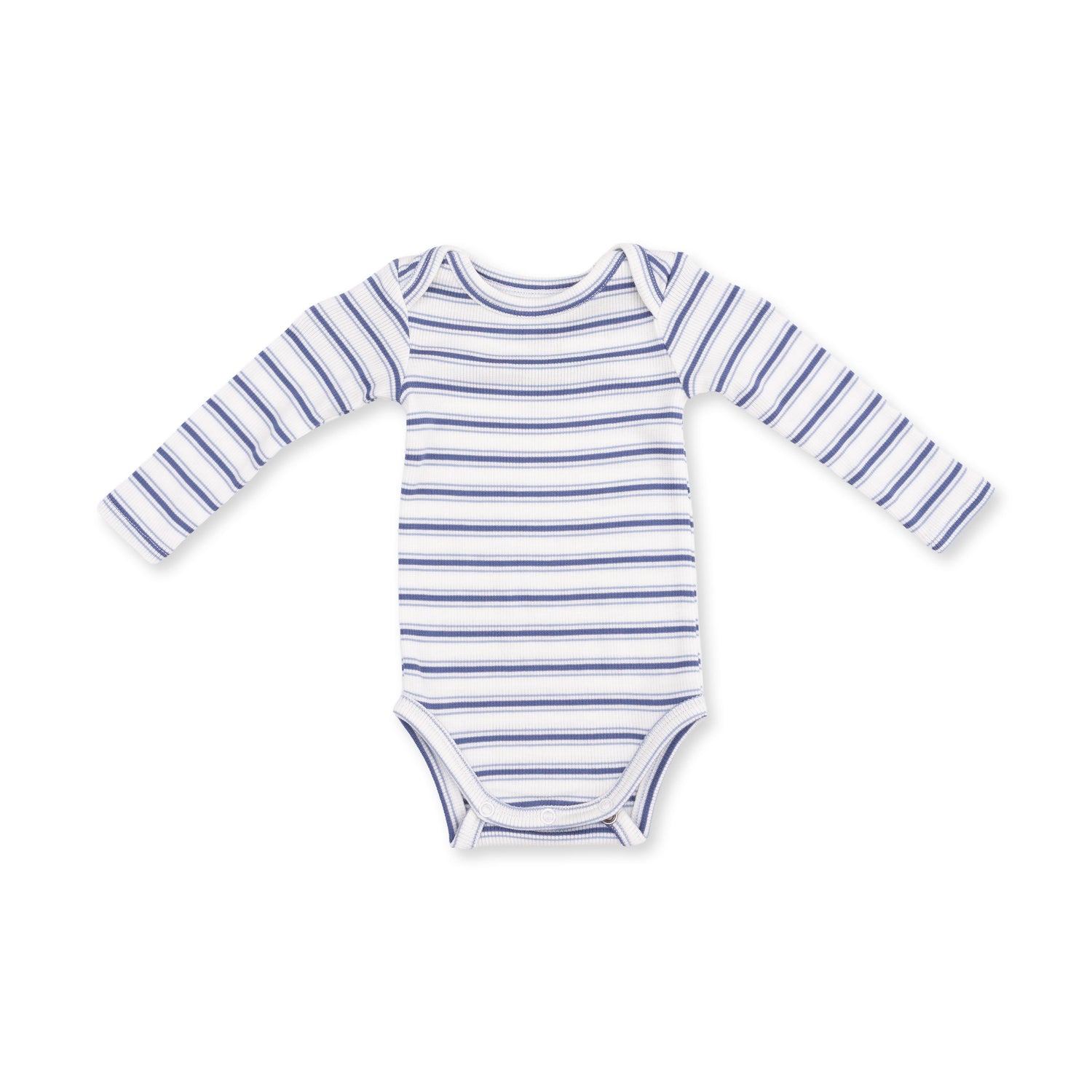 Long sleeve baby bodysuit in blue vintage stripes with snap closures at the bottom