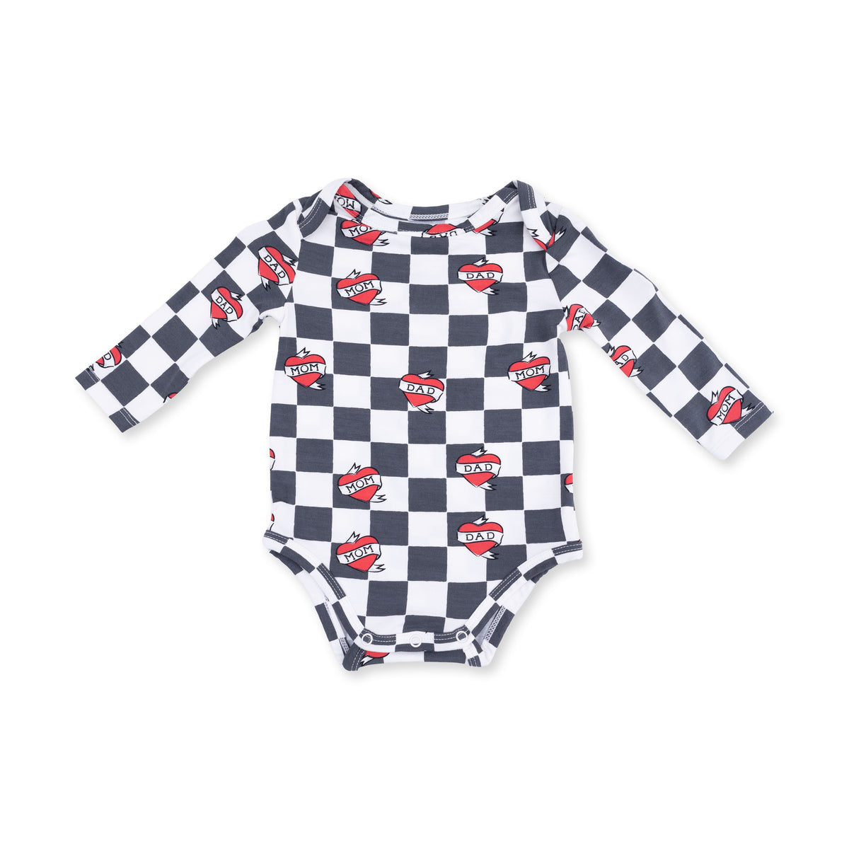 Long sleeve baby bodysuit in black and white heart tattoo check print with snap closures at the bottom