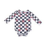 Long sleeve baby bodysuit in black and white heart tattoo check print with snap closures at the bottom