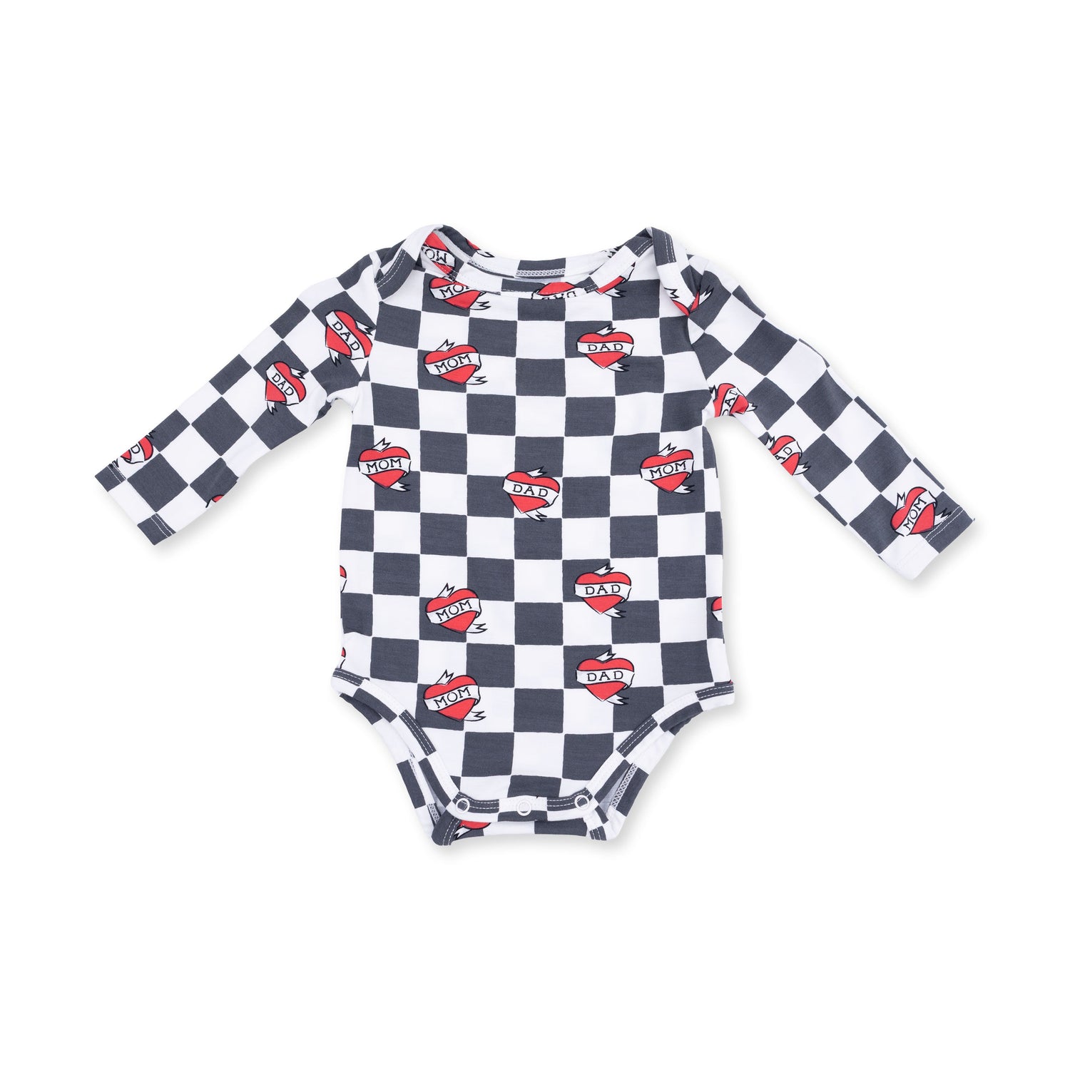 Long sleeve baby bodysuit in black and white heart tattoo check print with snap closures at the bottom